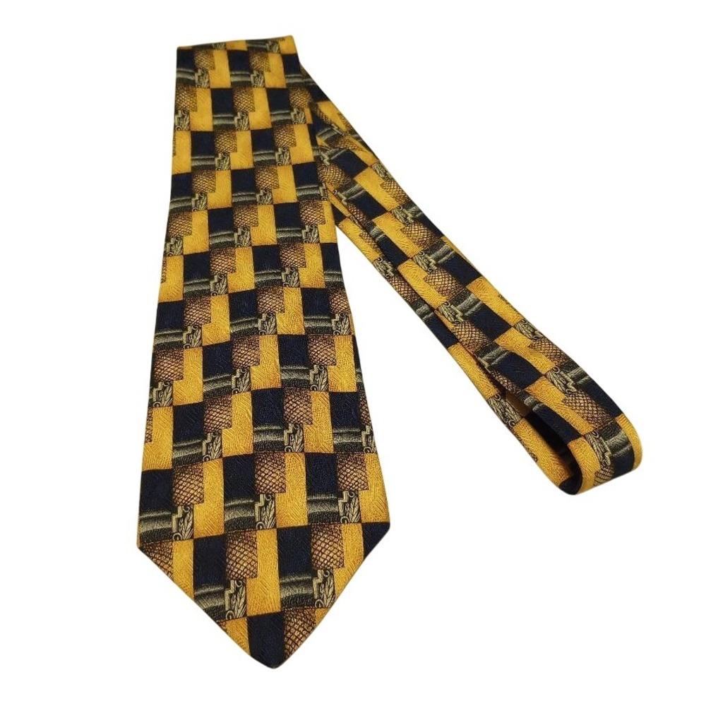 Classic Geoffrey Beene New York 100% Silk Tie Gold Navy Men's Necktie